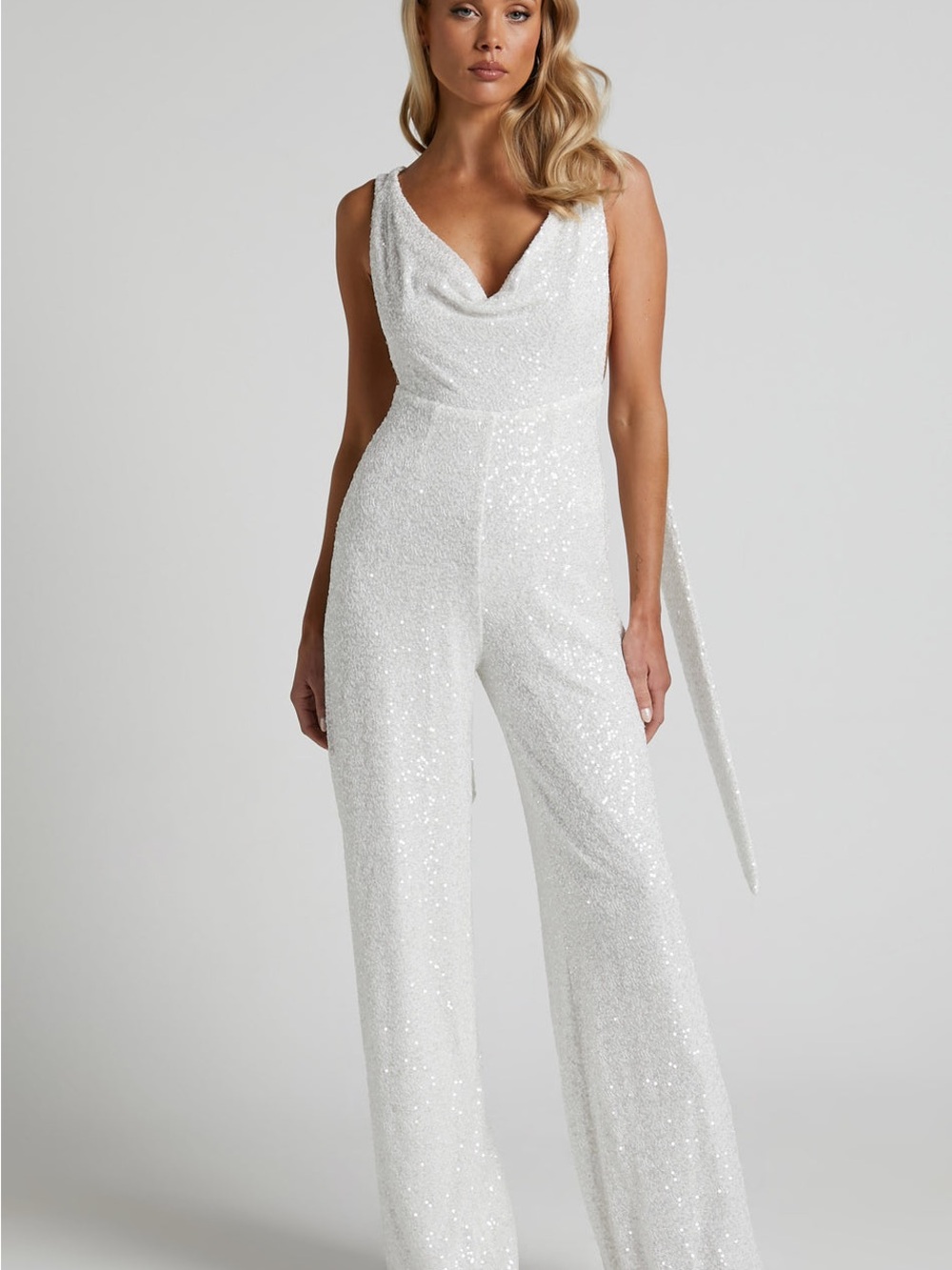 Showpo White Sequin Cowl Neck Wide-Leg Jumpsuit (Malisha)